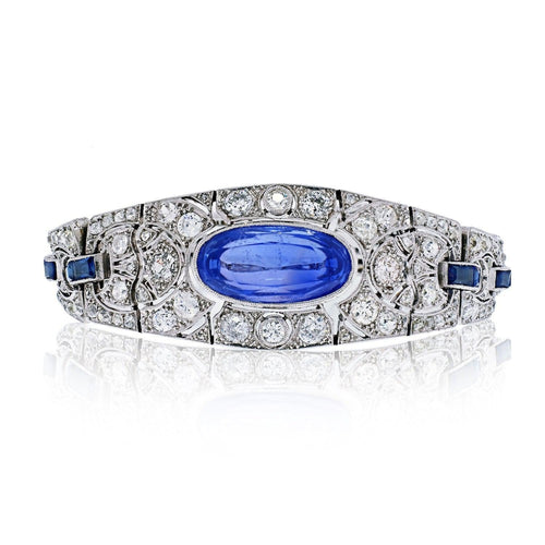 Art Deco Era 20 Carat Oval-Cut Ceylon Sapphire and Old-Euro Cut Diamond Bracelet