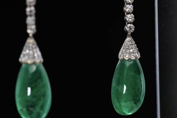 Art Deco Era 21 Carat Cabochon Pear Shape Emerald Drop Earrings | Circa 1940