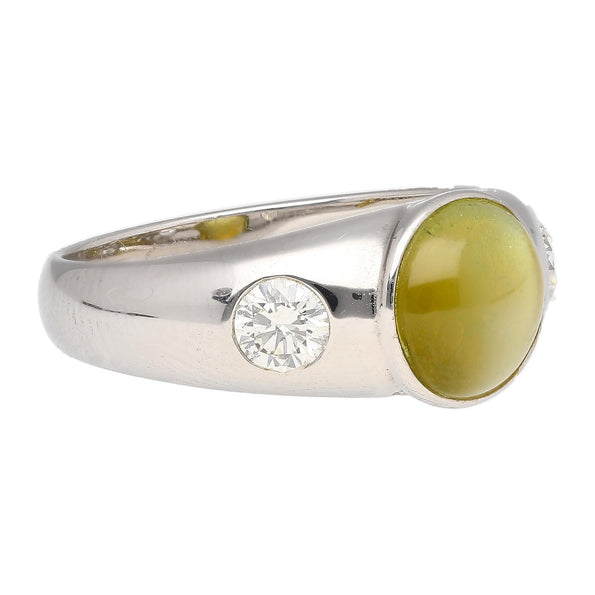 Bezel Set Chrysoberyl Cat's Eye and Diamond Three Stone Ring in 18K White Gold