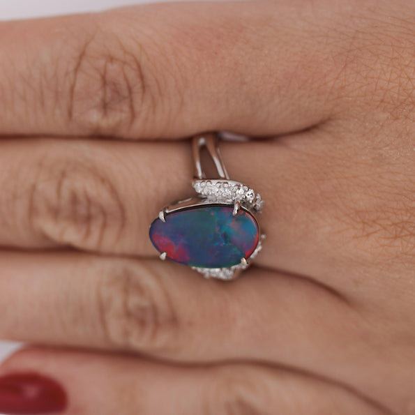 Black Opal Doublet & Diamond Pave Shoulder 14K White Gold Statement Ring