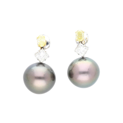 Black Pearl with Fancy Yellow & White Lily Cut Diamond Drop Earrings