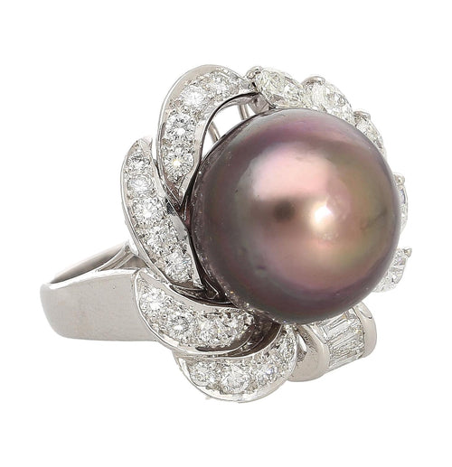 Black South Sea Pearl & Diamond 18K White Gold Floral Cluster Ring