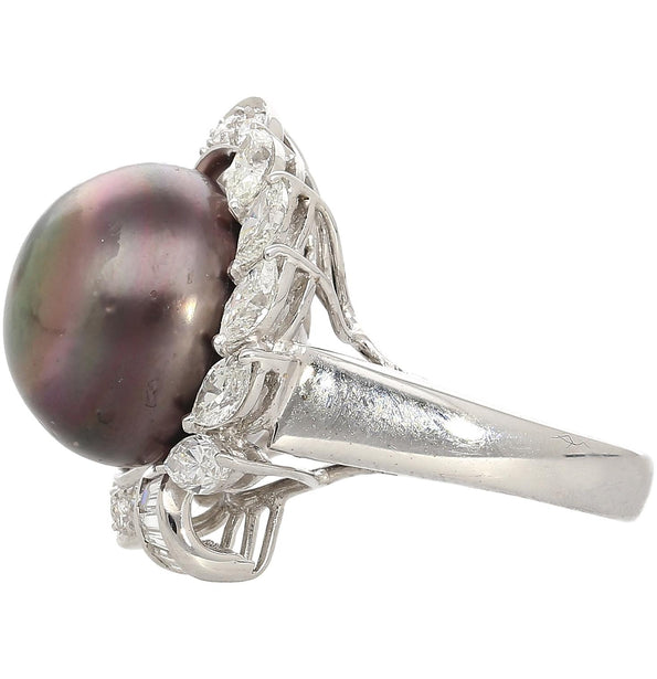 Black South Sea Pearl & Diamond 18K White Gold Floral Cluster Ring