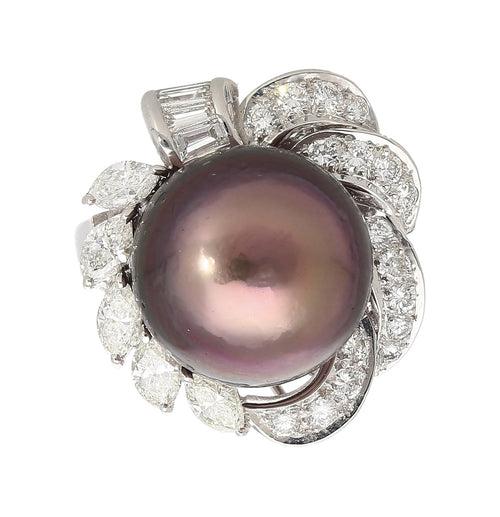 Black South Sea Pearl & Diamond 18K White Gold Floral Cluster Ring