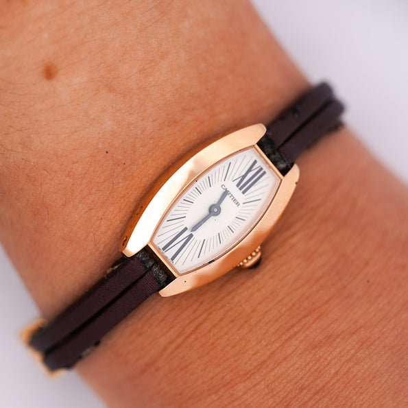 Cartier Mini Tonneau Lanieres 2592 18K Rose Gold Burgundy Strap Quartz Watch