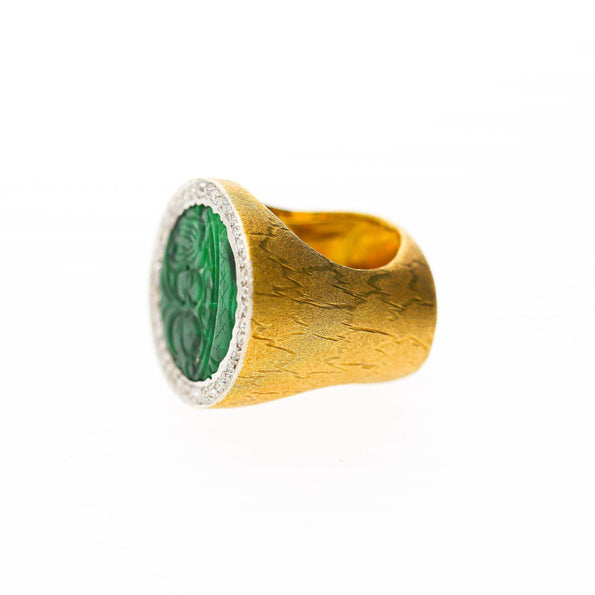 Carved Jade & Diamond in 18K Yellow Gold Two Tone White Gold Halo Wide Band Ring