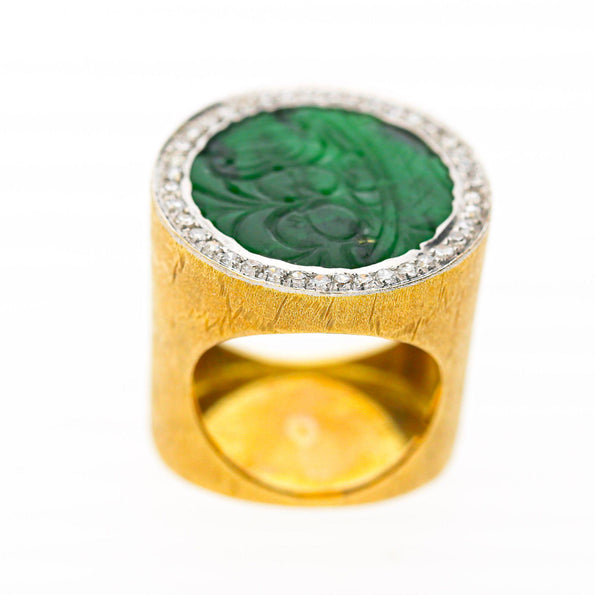 Carved Jade & Diamond in 18K Yellow Gold Two Tone White Gold Halo Wide Band Ring