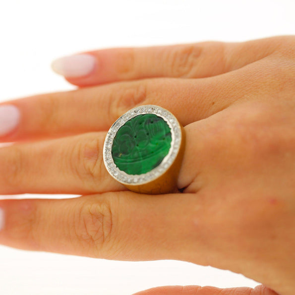 Carved Jade & Diamond in 18K Yellow Gold Two Tone White Gold Halo Wide Band Ring