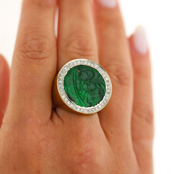 Carved Jade & Diamond in 18K Yellow Gold Two Tone White Gold Halo Wide Band Ring