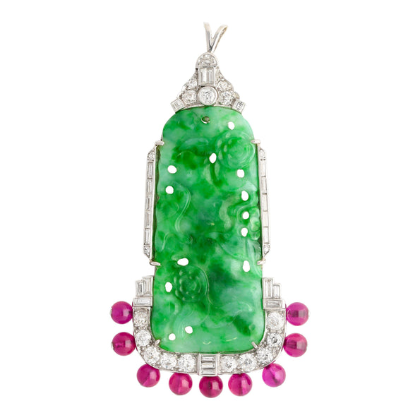 Broche en jadéite sculptée et diamants, et broche en platine avec rubis synthétique suspendu en perle