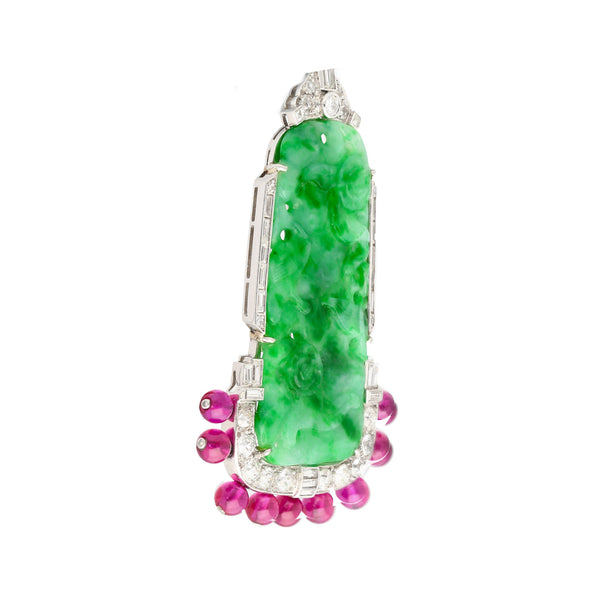 Broche en platine en jade jadéite sculpté et diamants, avec breloque pendante en perle de rubis synthétique