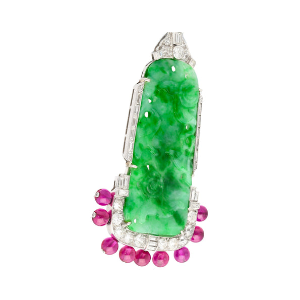 Broche en platine avec jadeïte sculptée, diamant et perle de rubis synthétique pendante