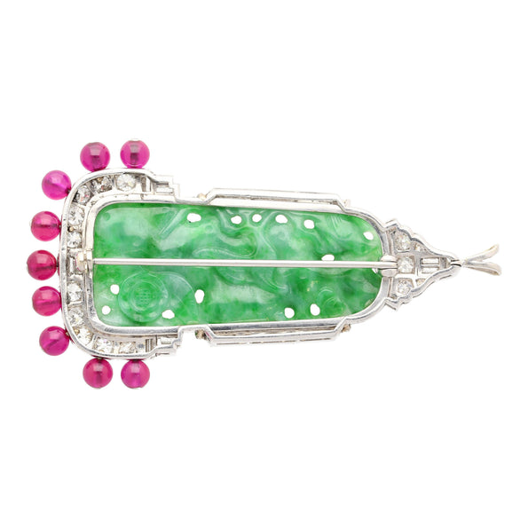 Broche en platine en jadeïte sculptée, diamant et perle de rubis synthétique pendante