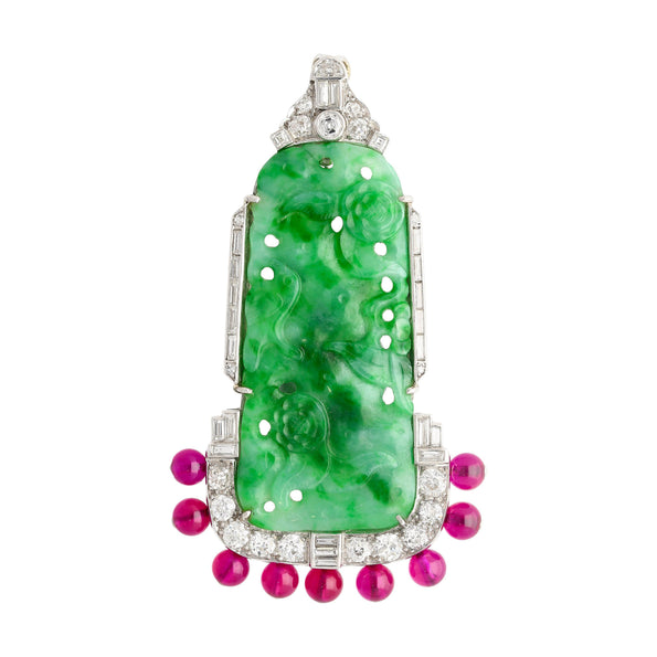 Broche en jadéite sculptée et diamant, et broche en platine avec perle de rubis synthétique pendante
