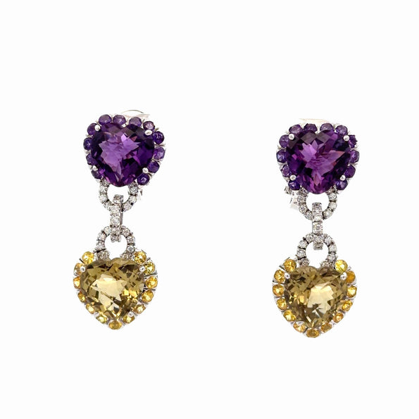 Citrine Amethyst Diamond Heart in 18K White Gold Necklace & Earring Set