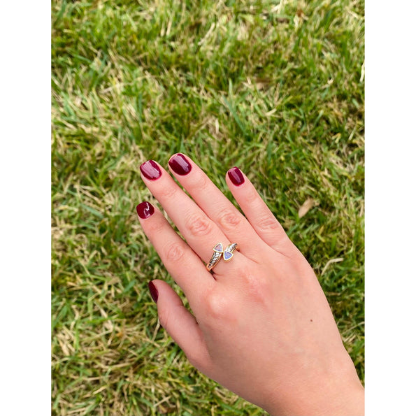 Curved Triangle Cut Tanzanite Ring in 14k Yellow and White Gold