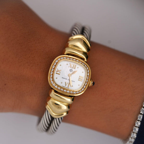 David Yurman Mother of Pearl Diamond Bezel 18K Gold Silver Vintage 1990s Watch