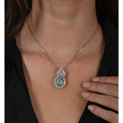 Drop Shaped Black Opal with Marquise & Round Diamond Halo Pendant Or Brooch in 14K White Gold