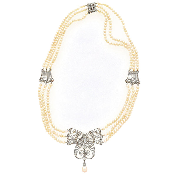 Edwardian GIA Certified Saltwater Pearl & Old Euro Cut Diamond Necklace