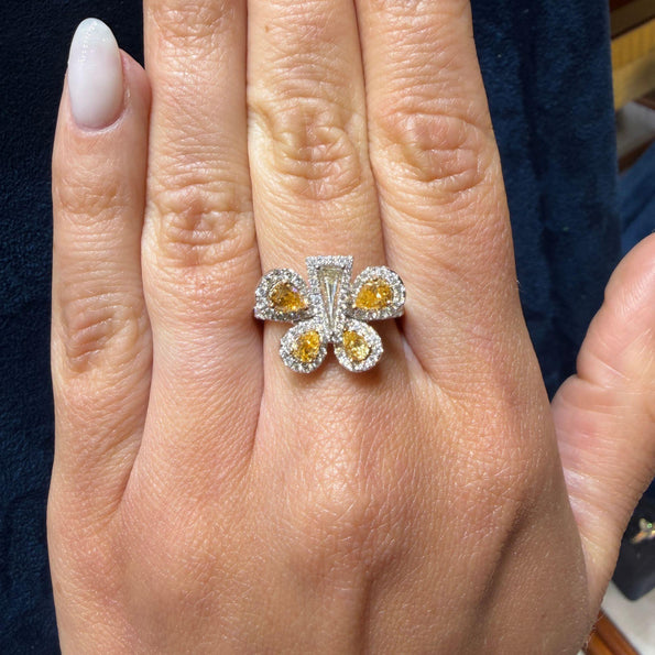 Fancy Yellow & White Diamond Pave in 18K Two Tone Gold Butterfly Cocktail Ring