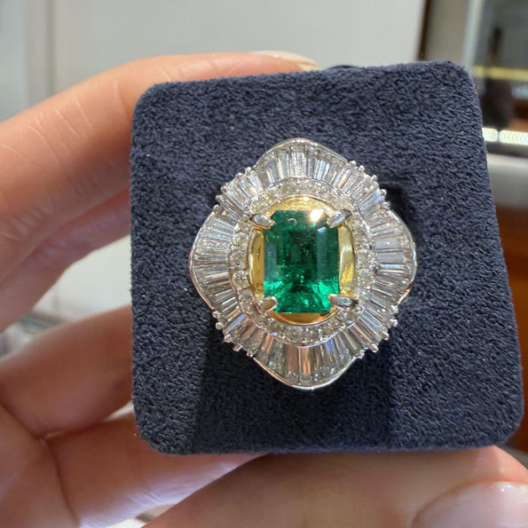 GIA 1.38 Carat Emerald Cut Colombian Emerald & Diamond Platinum Ballerina Ring