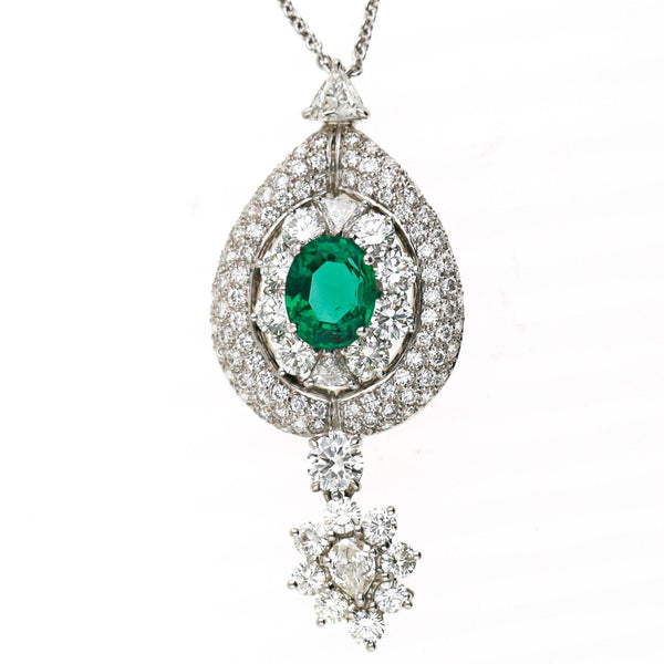 GIA 2.53 Carat No Oil Emerald & 5 Carat Diamond Platinum Drop Pendant