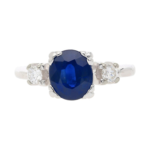 GIA Cert. 1.85 Carat Oval Blue Sapphire & Diamond 14K White Gold 3 Stone Ring