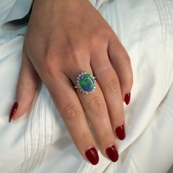 GIA Cert. 5.10 Carat Untreated Black Opal Diamond Halo Platinum Starburst Ring – Assay Jewelers