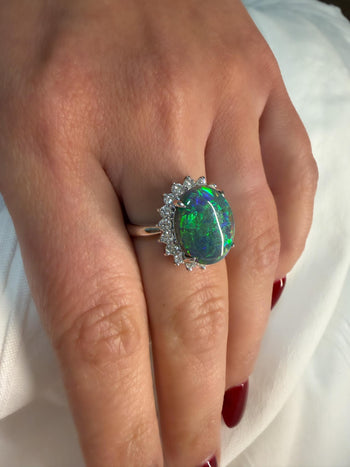 GIA Cert. 5.10 Carat Untreated Black Opal Diamond Halo Platinum Starburst Ring – Assay Jewelers