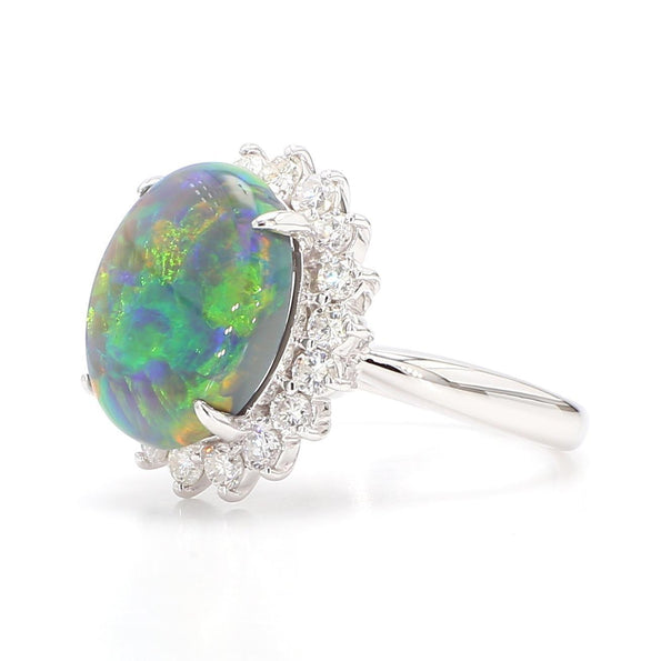 GIA Cert. 5.10 Carat Untreated Black Opal Diamond Halo Platinum Starburst Ring