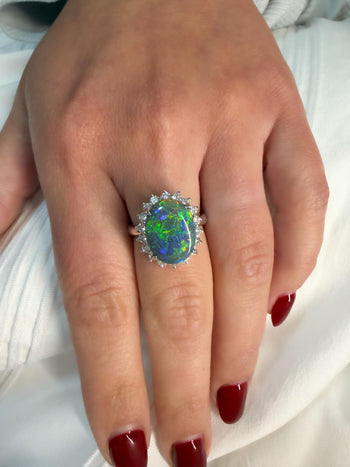 GIA Cert. 5.10 Carat Untreated Black Opal Diamond Halo Platinum Starburst Ring – Assay Jewelers