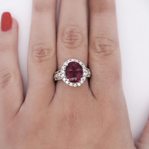GIA Cert. 5.52 Carat Rubellite and Diamond Halo Filigree Ring