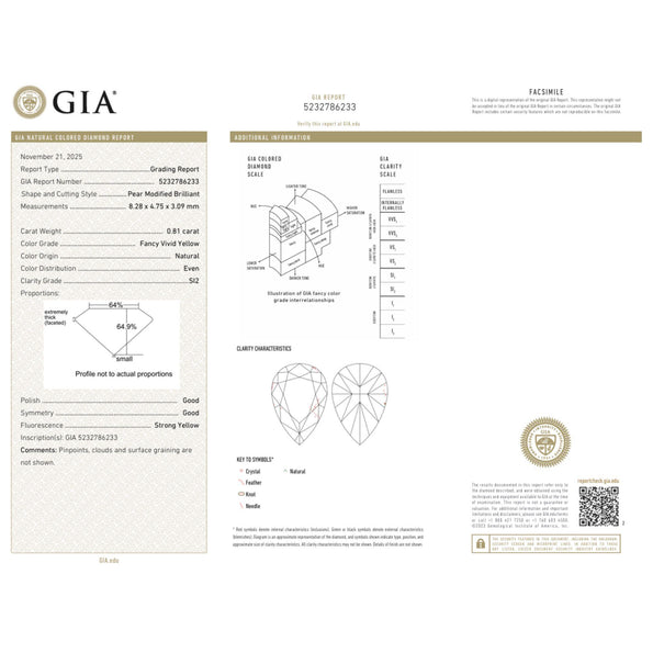 GIA Certified 0.81 Carat Fancy Vivid Yellow Pear Cut Loose Natural Diamond