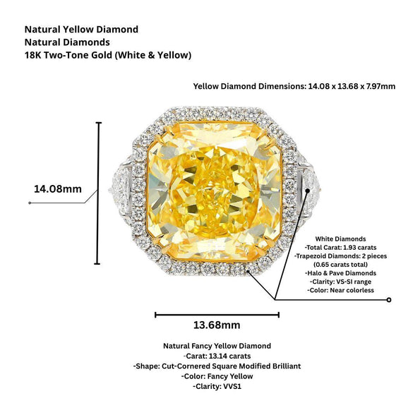 GIA Certified 13.14 Carat Fancy Intense Yellow Diamond VVS1 Halo 18K Ring