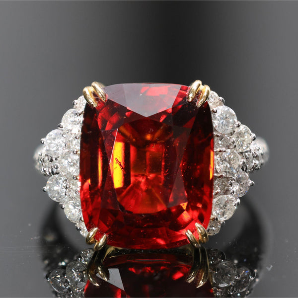 GIA Certified 13.75 Carat Hessonite Garnet & Diamond Platinum Cocktail Ring