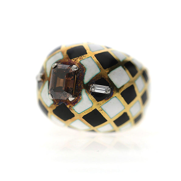 GIA Certified 1.38 Carat Fancy Orangy Brown Diamond Enamel 18K Gold Dome Ring