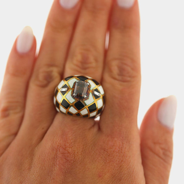 GIA Certified 1.38 Carat Fancy Orangy Brown Diamond Enamel 18K Gold Dome Ring