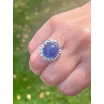 GIA Certified 25 Carat Cabochon Blue Sapphire & Diamond Halo Ring in Platinum – Assay Jewelers