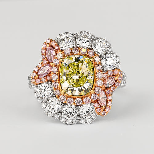GIA Certified 2.02 Carat Cushion Cut Fancy Greenish Yellow Diamond Ring