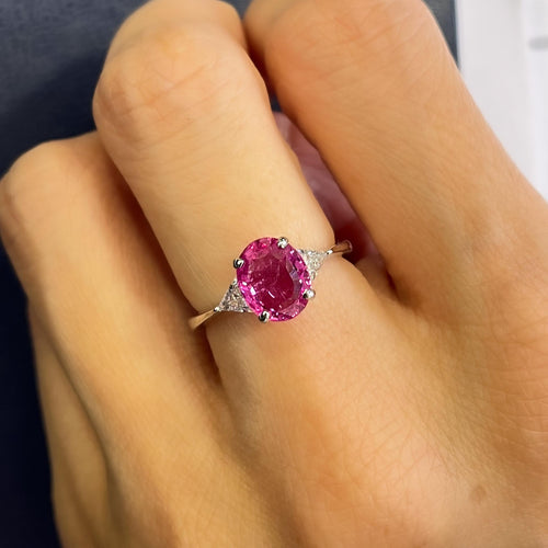 GIA Certified 2.31 Carat Pink Sapphire Oval & Diamond 3-Stone Ring
