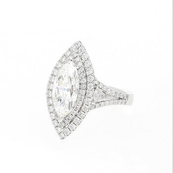 GIA Certified 2.38 Carat Marquis-Cut, H Color, Si1 Clarity Diamond set in 18k white gold and diamond halo ring – Assay Jewelers