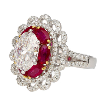 GIA Certified 2.8 Carat Oval Lab Diamond & Ruby Halo Floral 18K Ring – Assay Jewelers