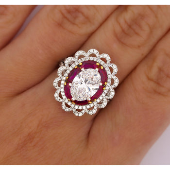 GIA Certified 2.8 Carat Oval Lab Diamond & Ruby Halo Floral 18K Ring – Assay Jewelers