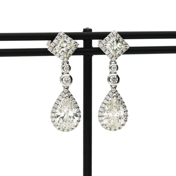 GIA Certified 3.93 Carat Pear Cut &Diamond Halo Drop Earrings in 18K White Gold