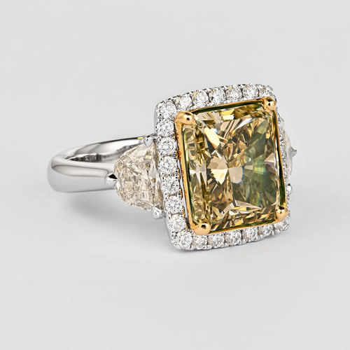 GIA Certified 6.07 Carat Radiant Cut Fancy Brownish Greenish Yellow Diamond Ring