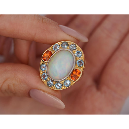 GIA Certified 8 Carat White Opal With Orange Garnet & Aquamarine Halo Ring