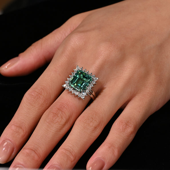 GIA Certified 8.17 Carat Tourmaline and Diamond Halo Square Shape Platinum Ring