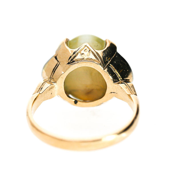 GIA Certified 9.46 Carat Green Cats Eye Chrysoberyl 14K Gold Art Deco Ring