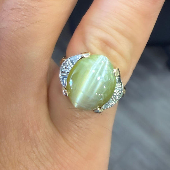 GIA Certified 9.46 Carat Green Cats Eye Chrysoberyl 14K Gold Art Deco Ring