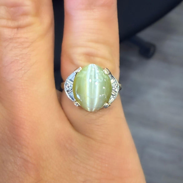 GIA Certified 9.46 Carat Green Cats Eye Chrysoberyl 14K Gold Art Deco Ring